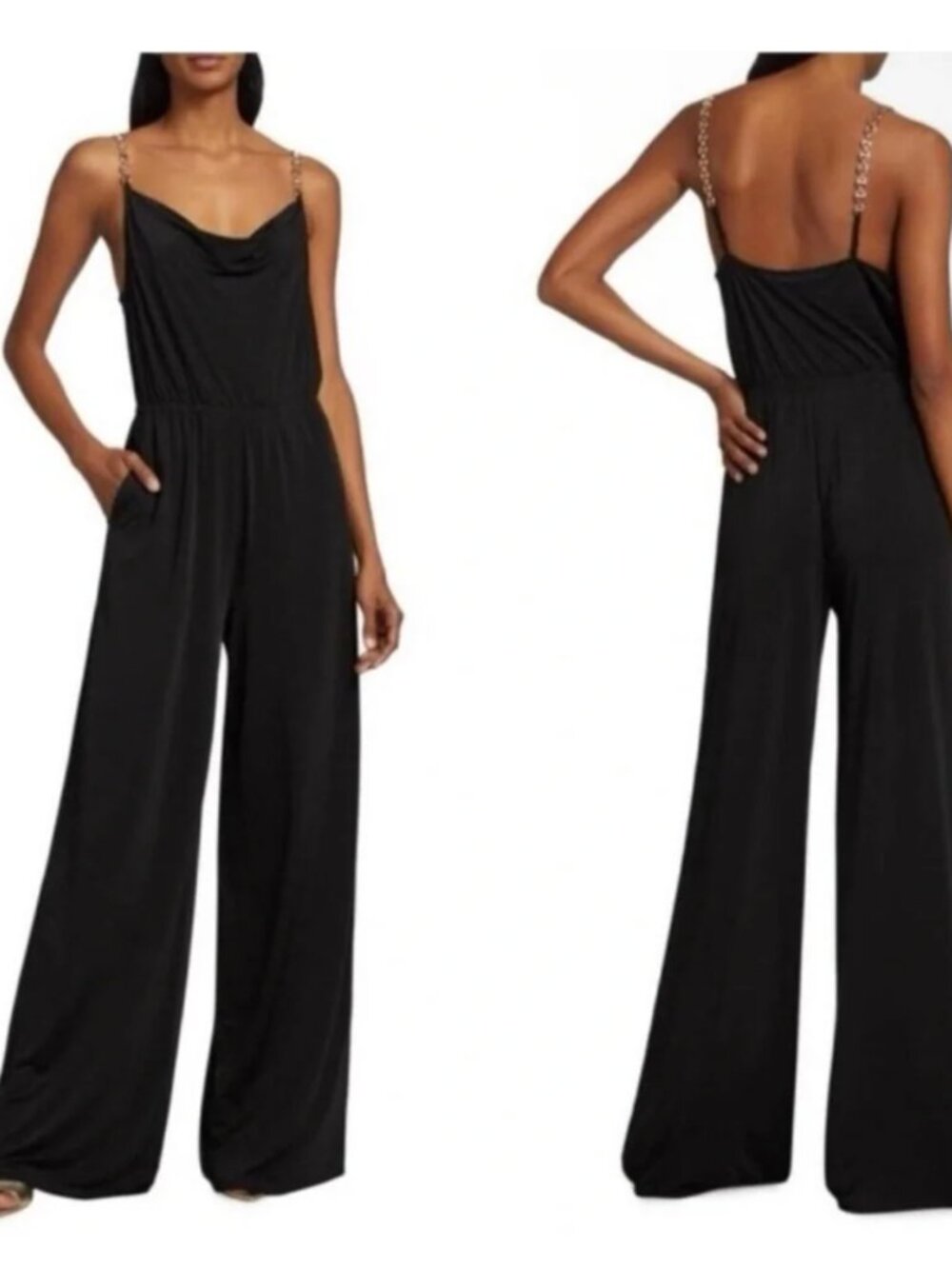 JASON WU Emmet Cowl Neck Rhinestone Straps Wide Leg Jumpsuit size large